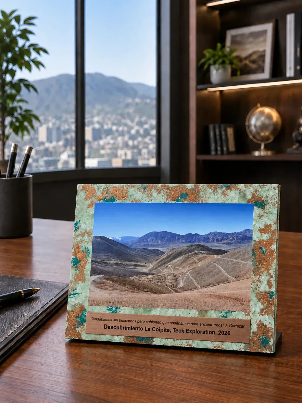 Reconocimiento de escritorio Descubrimiento La Coipita para Teck Resources, placa de cobre grabada fabricada por Revivir